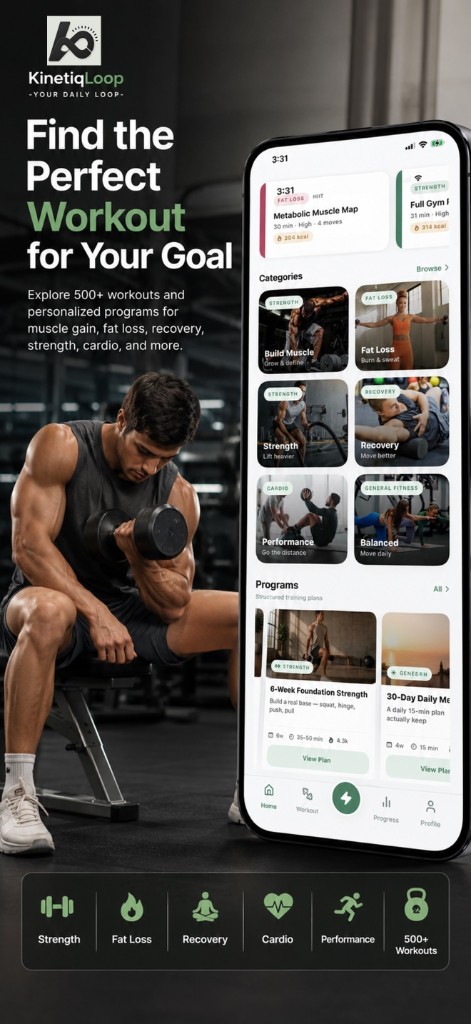 KinetiqLoop personalized workout catalog for muscle gain, fat loss, and strength training